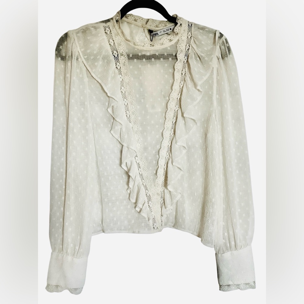 NWT! ZARA Sheer Boho White Ruffle Lace Embroidered  Romantic Victorian Blouse L